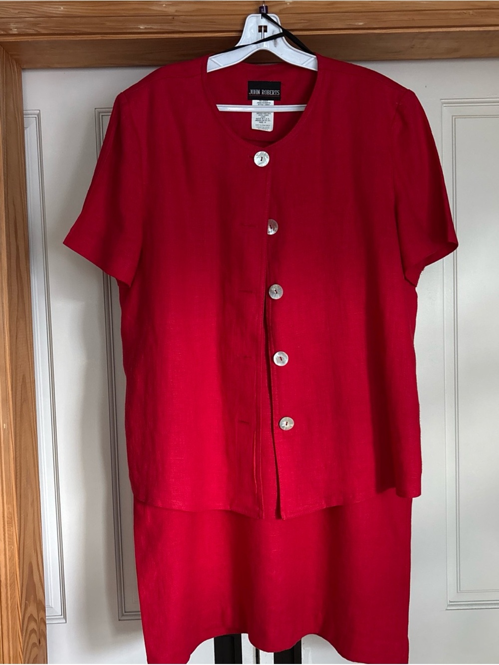 John Roberts 2 piece Red Linen Sleeveless Dress with Button-Front Jacket Size 14